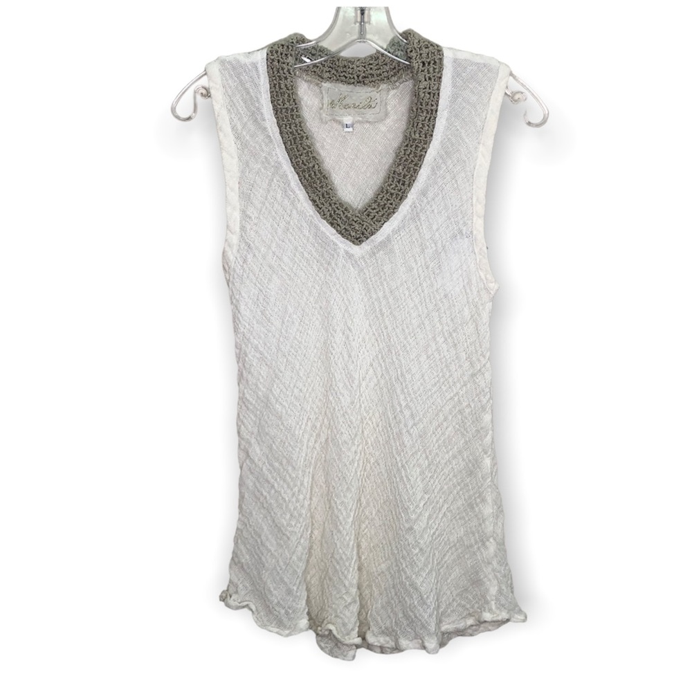 Marilu Made In Italy Linen Blend Sheer White V Neck Top